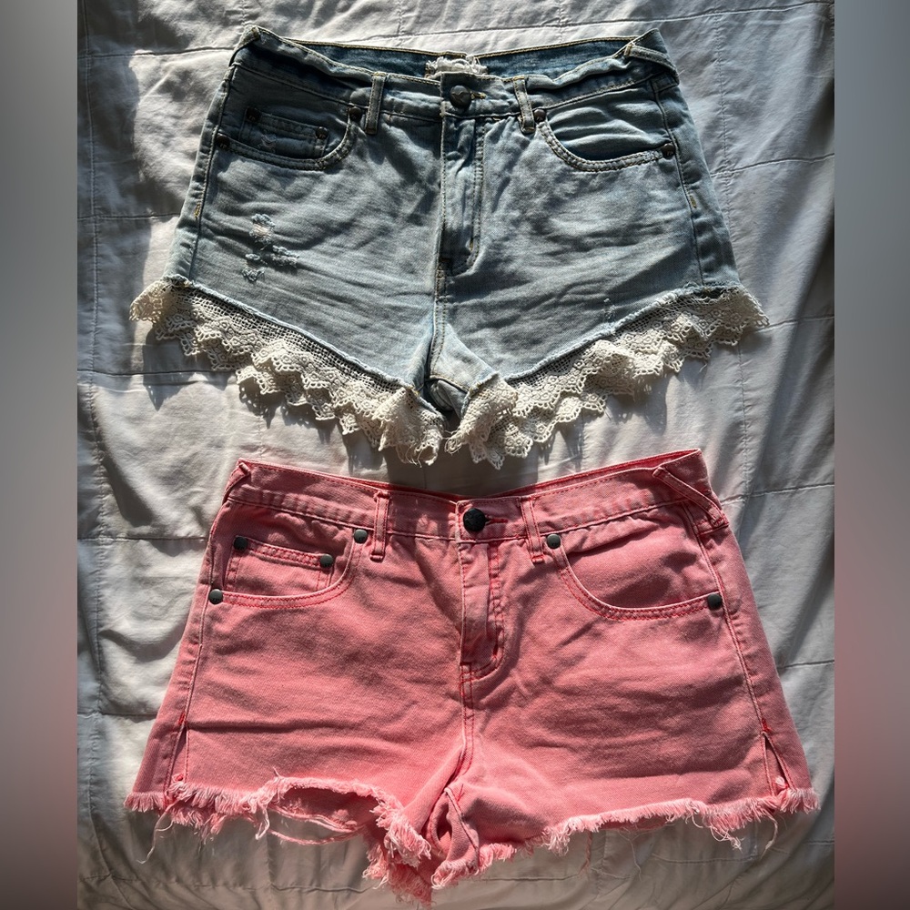 Free People Salmon Pink and Light Blue Lace Trim Jean Shorts